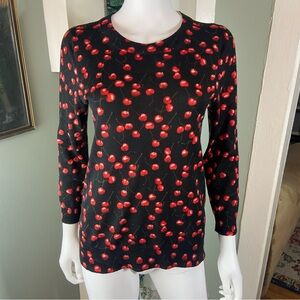 J. Crew Merino Wool Sweater Black Red Cherry Cherries Print Medium shirt top M